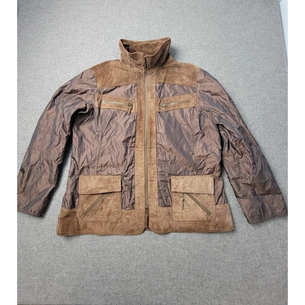 Chico's‎ Mixed Media Utility Jacket Womens 3 (XL) Brown Suede Nylon Gorpcore